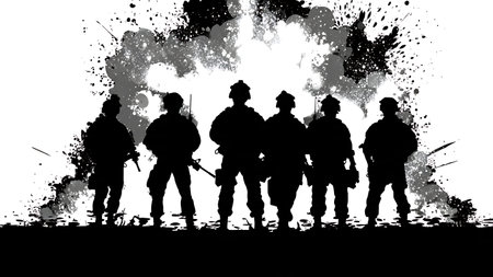 Symbolic and Heroic Poses of Soldier Silhouettes isolated on plain white background.