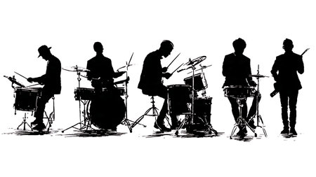 Three-Quarter Perspective View of Drummers Silhouette Set isolated on plain white background.のイラスト素材