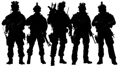 Six Special Forces Operator Silhouettes with Tactical Gear isolated on plain white background.のイラスト素材