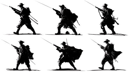 Soldier Silhouettes Using Signal Flares at Night isolated on plain white background.のイラスト素材