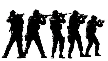 Tense Standoff Soldier Silhouettes Aiming Weapons isolated on plain white background.のイラスト素材