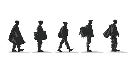 Soldier Silhouettes Setting Up Claymore Anti-Personnel Mines isolated on plain white background.のイラスト素材