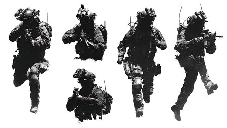 Six Special Forces Operator Silhouettes with Tactical Gear isolated on plain white background.のイラスト素材