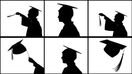 Turning the Tassel Graduation Ceremony Silhouette Set isolated on plain white background.のイラスト素材