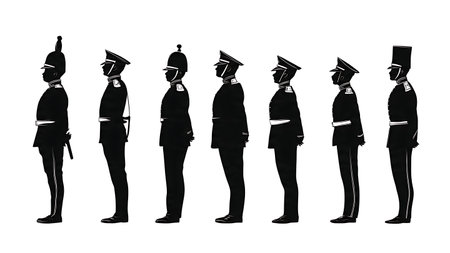 Formal Soldier Silhouettes Standing At Attention and At Ease isolated on plain white background.のイラスト素材