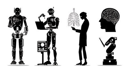 Set of Six AI in Healthcare and Medical Technology Silhouettes isolated on plain white background.のイラスト素材