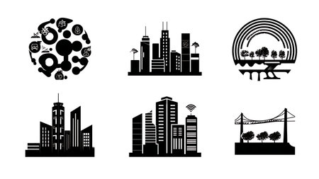 AI in Urban Planning and Smart City Design Black Solid Silhouettes isolated on plain white background.のイラスト素材
