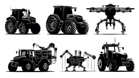 Agriculture and Farming Robot Black Solid Silhouette Collection isolated on plain white background.のイラスト素材