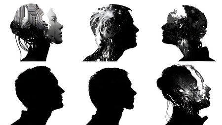 Six Deepfake Technology and Face Manipulation Silhouettes isolated on plain white background.
