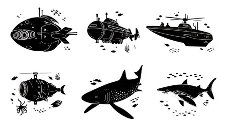 Six AI in Oceanography and Marine Research Silhouettes Vector Set isolated on plain white background.のイラスト素材