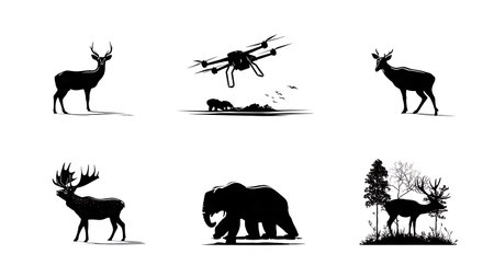 Black Silhouettes of AI in Wildlife Conservation Set of Six isolated on plain white background.のイラスト素材