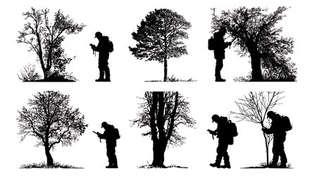 Set of Six City Forester Tree Inspector Silhouettes isolated on plain white background.のイラスト素材