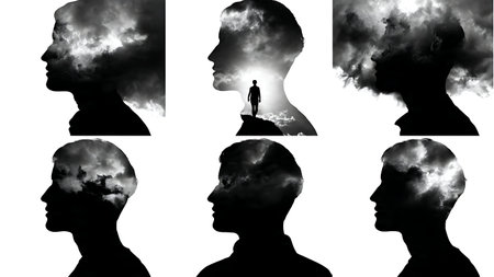 Collection of Six AI Singularity and Superintelligence Silhouettes isolated on plain white background.のイラスト素材