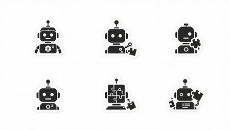 Collection of Six Computational Creativity and AI Idea Silhouettes isolated on plain white...