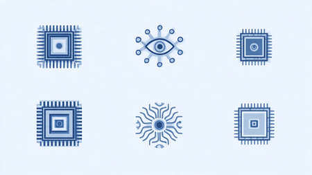 Minimalist Set of Six Neuromorphic Computing Chip Silhouettes isolated on plain white background.