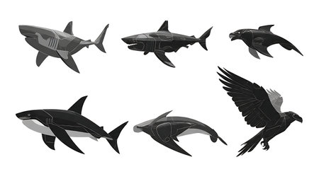 Black Vector Silhouettes of Six Cyborg Animal Hybrids isolated on plain white background.のイラスト素材