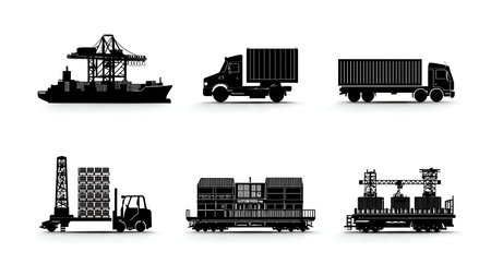 AI in Logistics and Supply Chain Black Solid Silhouettes isolated on plain white background.のイラスト素材
