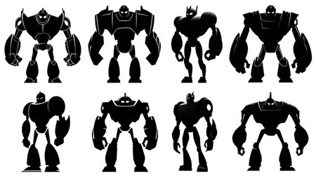 Collection of Six Imposing Enforcer and Sentinel Robot Silhouettes isolated on plain white background.のイラスト素材