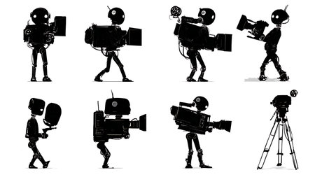 Silhouettes of Six Robot Cameramen and Videographers isolated on plain white background.のイラスト素材