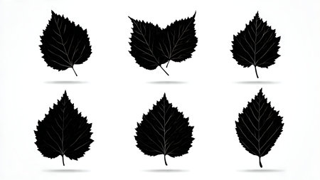 Set of Six Birch Tree Leaf Silhouettes in Solid Black isolated on plain white background.のイラスト素材