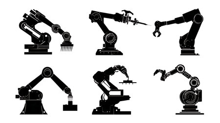 Set of Six Precision Robotic Arm Silhouettes in Action isolated on plain white background.のイラスト素材