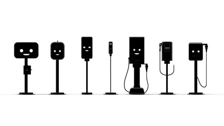 Minimalist Set of Six Robot Charging Station Silhouettes isolated on plain white background.