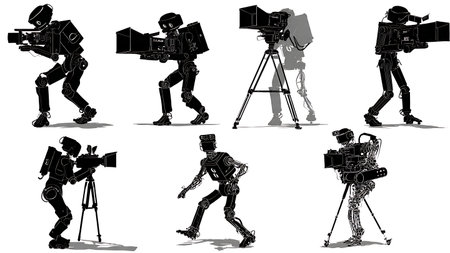 Silhouettes of Six Robot Cameramen and Videographers isolated on plain white background.