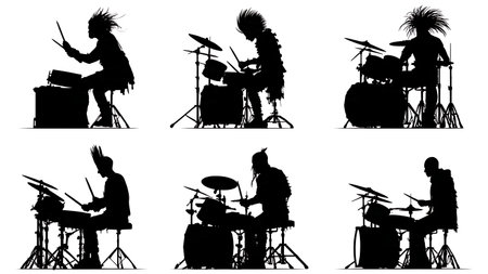 Drummers with Various Hairstyles in Motion Silhouette Set isolated on plain white background.のイラスト素材