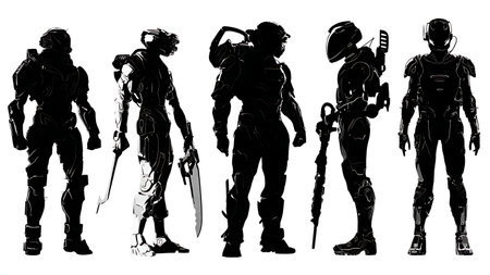 Set of Six Futuristic Sci-Fi Soldier Silhouettes with Advanced Armor isolated on plain white background.のイラスト素材