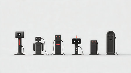 Minimalist Set of Six Robot Charging Station Silhouettes isolated on plain white background.