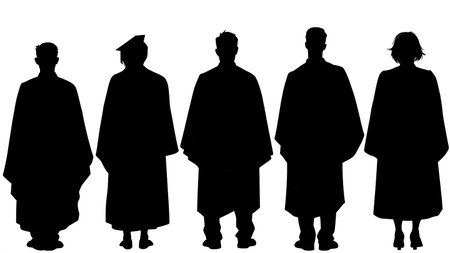 Rear View of Graduates at Ceremony Silhouette Pack isolated on plain white background.のイラスト素材
