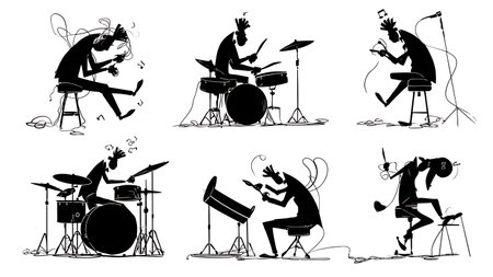 Humorous and Comical Drummer Mishap Silhouette Collection isolated on plain white background.のイラスト素材