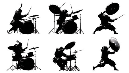 Drummers Hitting China Cymbals Silhouette Set isolated on plain white background.のイラスト素材
