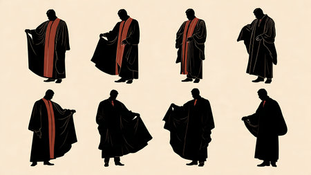 Judge Putting On Their Robe for Court Silhouettes isolated on plain white background.のイラスト素材