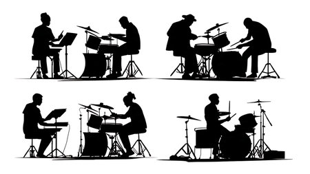 Drummers Setting Up Drum Kits Silhouette Collection isolated on plain white background.のイラスト素材