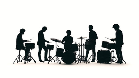 Drummers Playing Compact Cocktail Drum Kits Silhouette Set isolated on plain white background.のイラスト素材