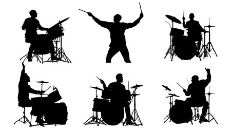 Expressive Gospel and Worship Drummers Silhouette Set isolated on plain white background.のイラスト素材