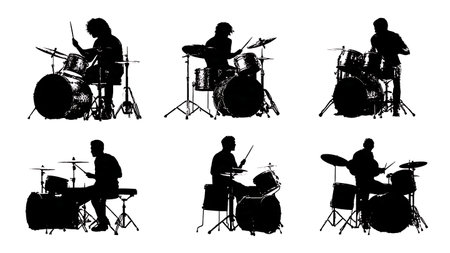 Powerful Low-Angle View of Drummers Silhouette Collection isolated on plain white background.のイラスト素材