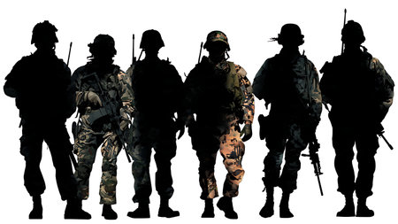 Desert Warfare Soldier Silhouettes with Camouflage and Gear isolated on plain white background.のイラスト素材