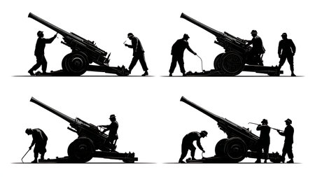Artillery Crew Silhouettes Operating a Howitzer Cannon isolated on plain white background.のイラスト素材