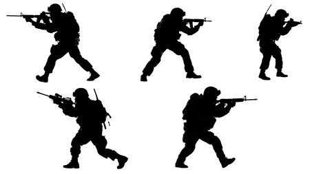 Dynamic Close-Quarters Combat (CQC) Soldier Silhouettes isolated on plain white background.のイラスト素材