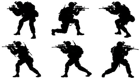 Stealth Soldier Silhouettes Using Night Vision Goggles isolated on plain white background.のイラスト素材