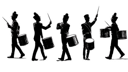 Marching Band Snare Drummer Silhouette Pose Pack isolated on plain white background.のイラスト素材