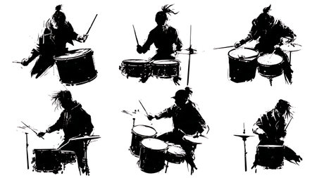 Intensely Focused Drummers Silhouette Set of Six isolated on plain white background.のイラスト素材