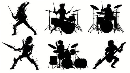 Intense Drum Solo Performance Black Silhouette Pack isolated on plain white background.のイラスト素材