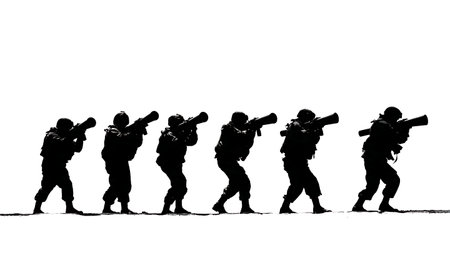 Soldier Silhouettes with RPG Rocket Launchers isolated on plain white background.のイラスト素材