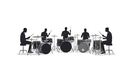 Drummers Playing with a Relaxed Groove Silhouette Set isolated on plain white background.のイラスト素材