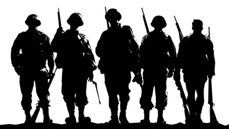 Heroic Low-Angle Perspective Soldier Silhouettes isolated on plain white background.のイラスト素材
