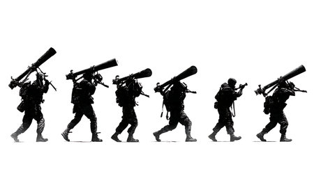 Soldier Silhouettes with RPG Rocket Launchers isolated on plain white background.のイラスト素材