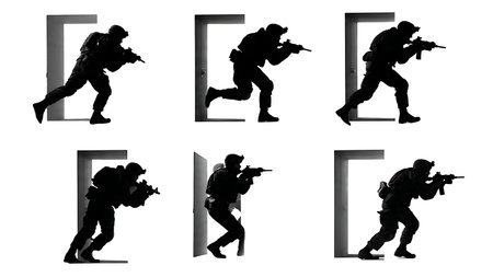 Soldier Silhouettes Breaching Doors for Room Clearing Operations isolated on plain white background.のイラスト素材